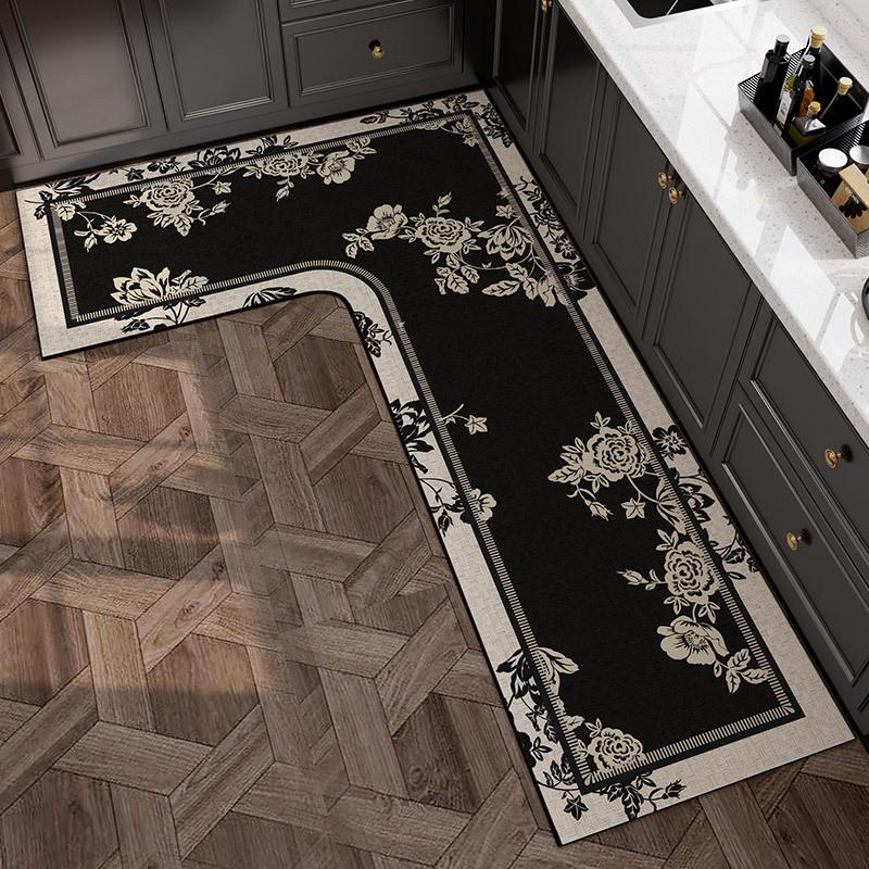 French Medieval Style Kitchen Floor Mat Non-slip and Oil-proof, Scrubbable Leave-in Special Foot Mat L-shaped Whole Floor with Diatom Mud Carpet