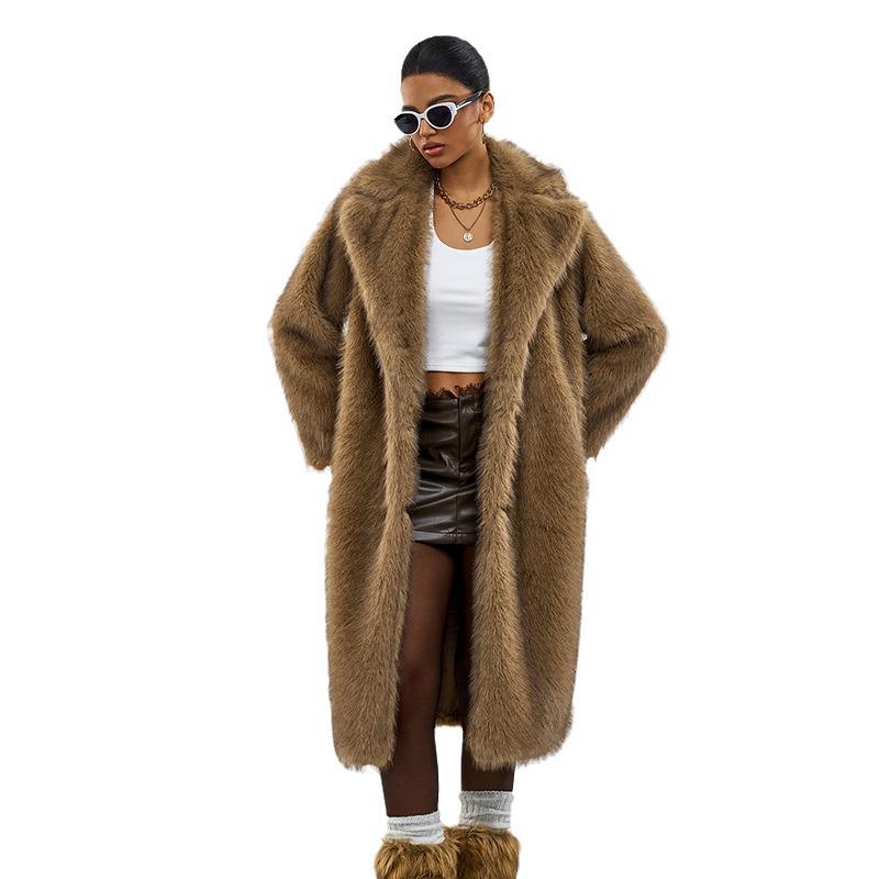 Women's Long Faux Fur Lapel Coat - European & American Autumn/Winter Style