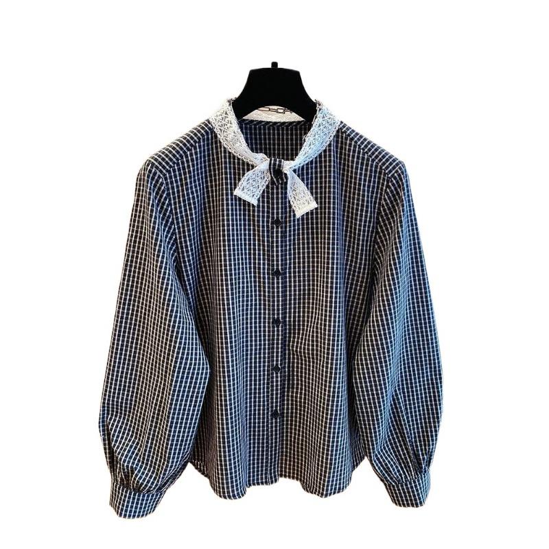 Black Checkered Women's Shirt Lace Bow Tie Front Open Button Ladies Long Sleeved Blouse Loose Casual Versatile Famale Top