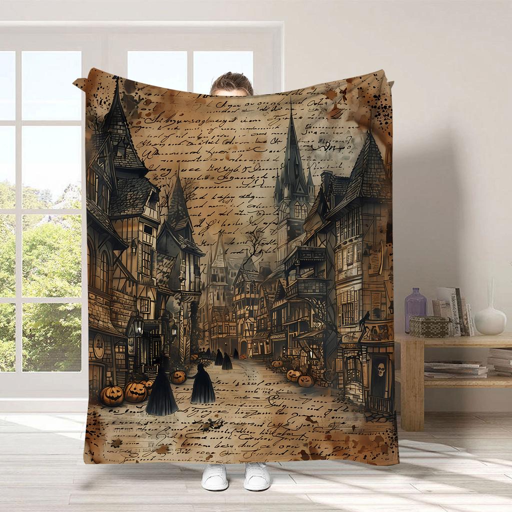1pc Vintage Halloween Blanket - Vintage Print, Ultra Soft Plush Throw for Couch Bed, Classic Spooky Gift for Adults