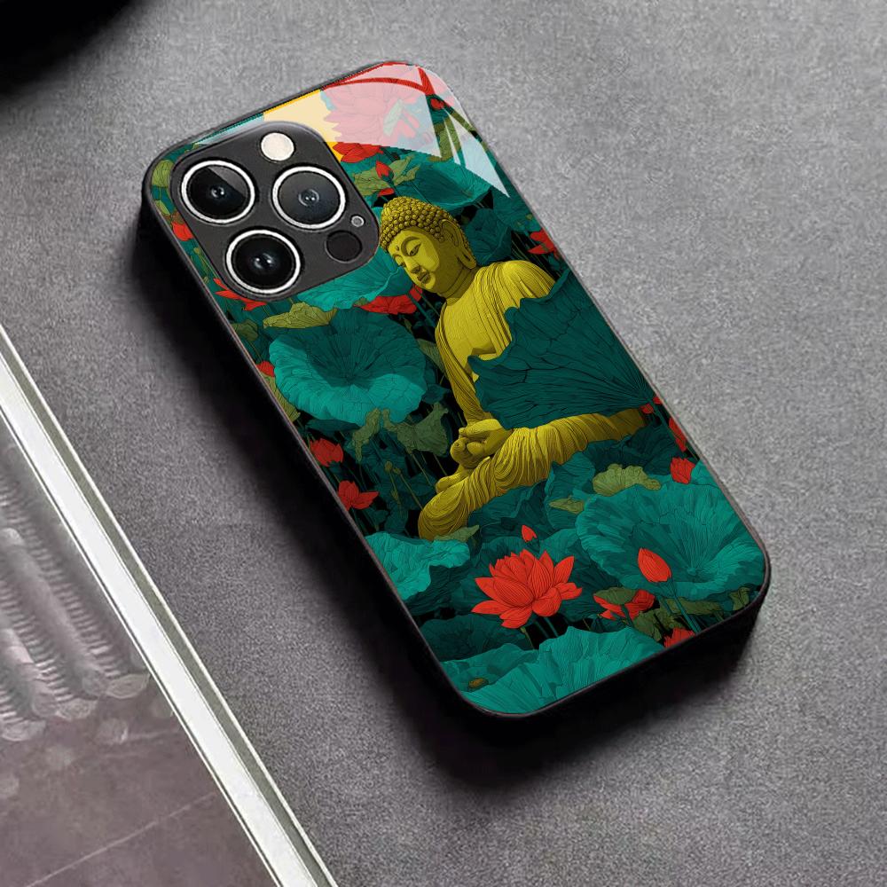 Buddha Statue Lotus Flower Tempered Glass Phone Case For iPhone 17 16 15 Pro Max 14 13 12 Full Lens Protection Hard Back Cover