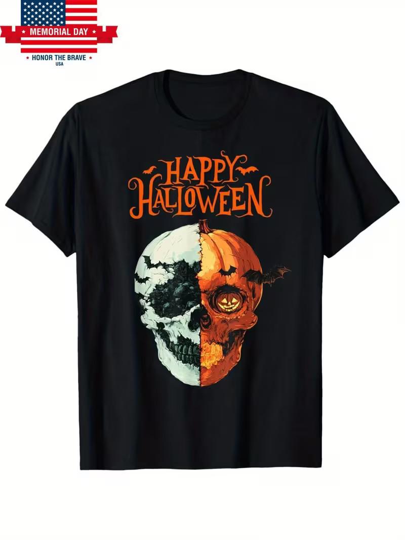 Men s Vintage Halloween Skull & Pumpkin Graphic T-Shirt - 100% Cotton, Short Sle S