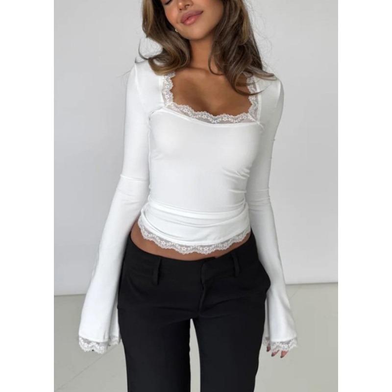 Women s White Square Neck Lace Trim Flare Sleeve Slim Fit Long Sleeve Top S белый