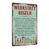 Vintage German Workshop Rules Metal Tin Sign - 8x 12 Inches, Rustic Teal Wall Art with Tool Illustrations for Home, Farmhouse