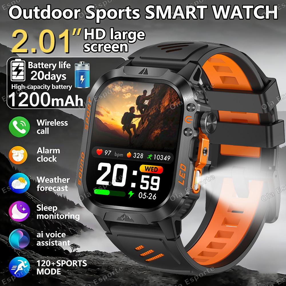 1200mAh Military Outdoor Smartwatch Men LED Flashlight Waterproof GPS Track Sports Watch 2.01-inch BT Call Smart Watch HT30