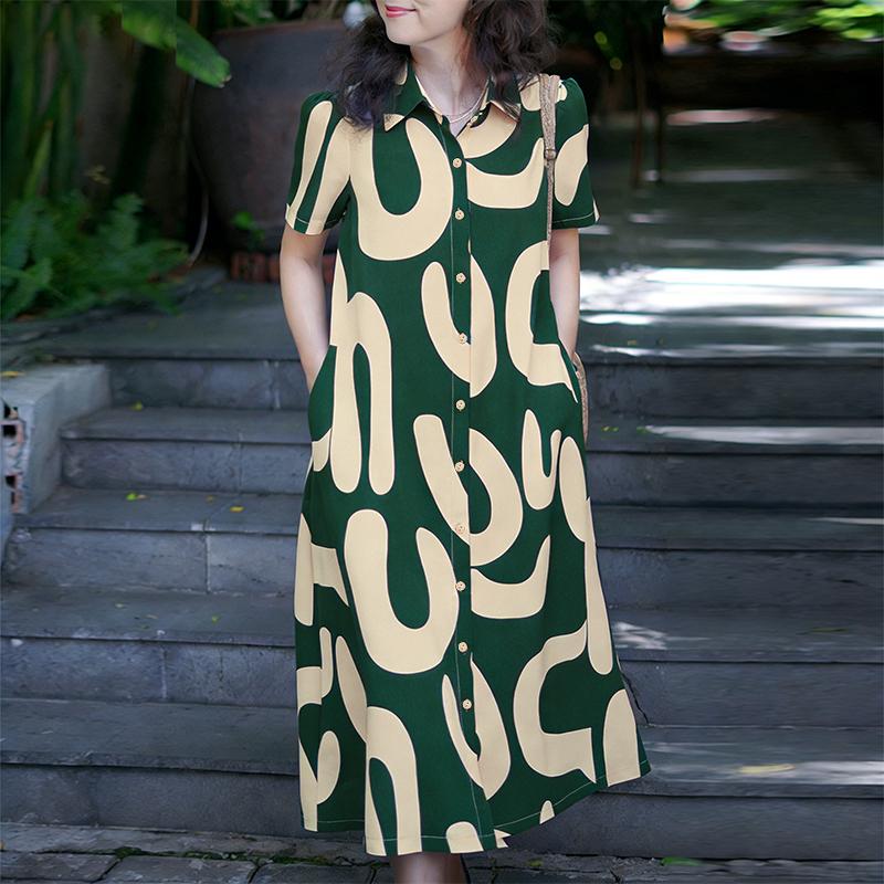 ZANZEA Women Casual Turn Down Collar Short Sleeve Print Dress