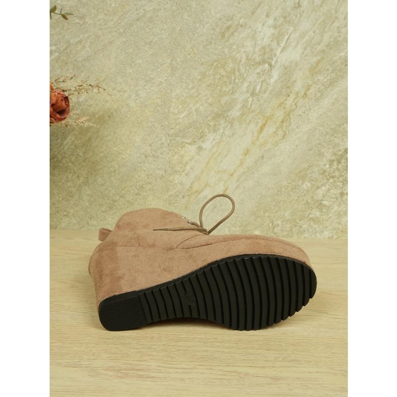 European and American Large Size Suede Lace-up Wedge Heel and Naked Short Boots Women's Winter Velvet Warm Wedge Heel Martin Boots