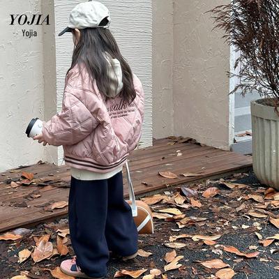 YOJIA Girls' Quilted Baseball Jacket Winter 2024: Trendy Thick Warm Cotton Coat for Kids