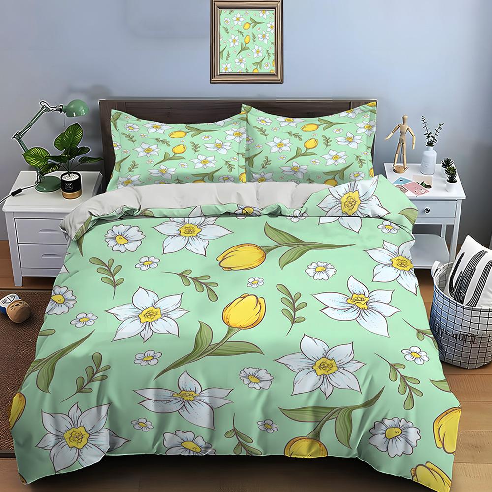 3Pcs Luxurious Spring Floral Print Bedding Set 1 Duvet Cover 2 Pillowcases For Adult And Children Luxury Gift Full Size