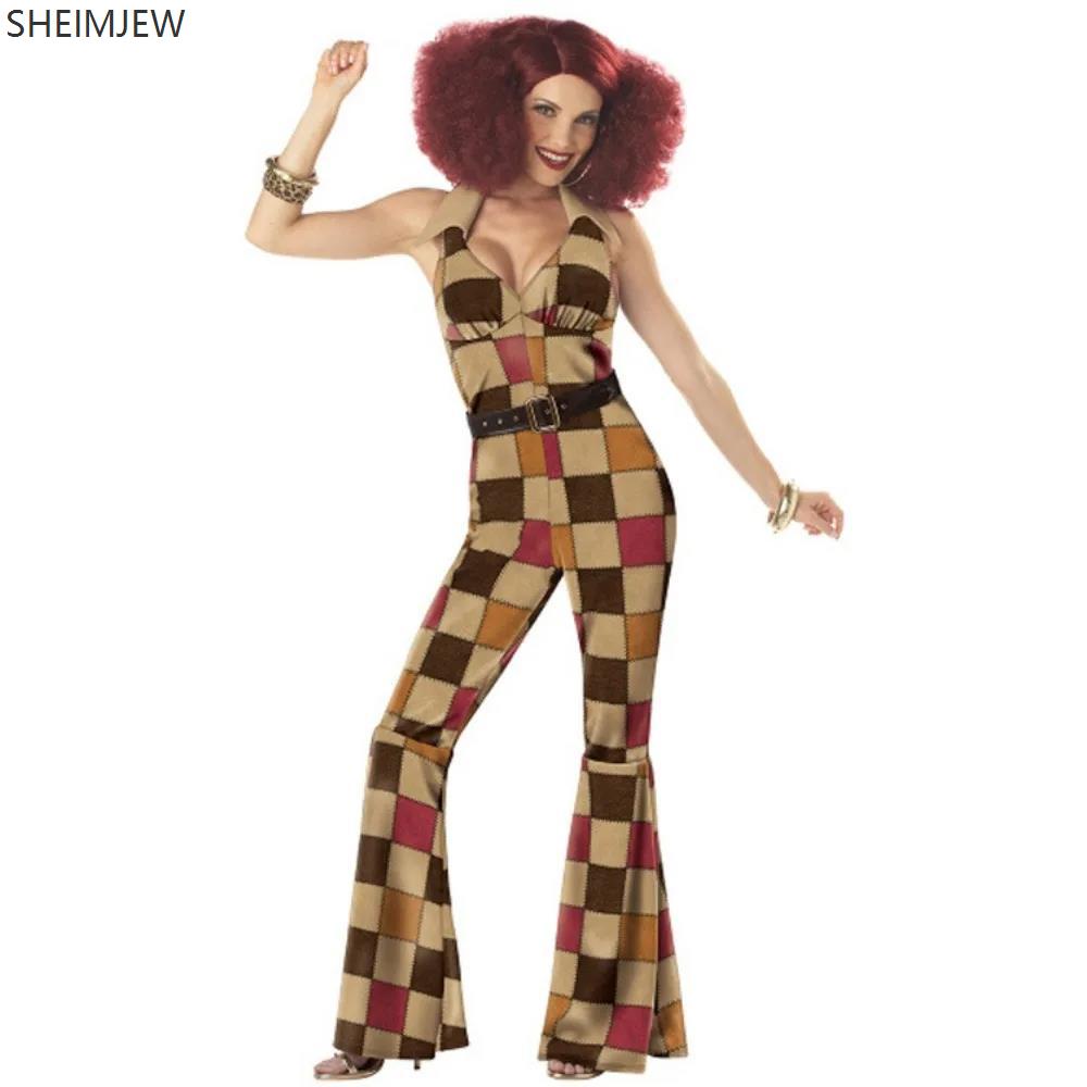 Couple Retro Disco Plaid Costume Role Playing Game Uniform Adult Men Women Combination 70s Hippie Stage Bar Rock Performance Pan
