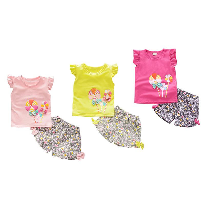 Baby Girl Clothes Set Cartoon Printing T-shirt Floral Bow Shorts Baby Clothes Set