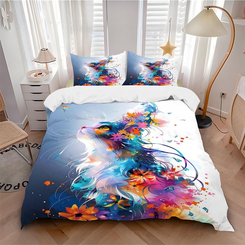 3pcs Colorful Cat Art Design Bedding Set, Including Without Filling, Soft and Comfortable Home Bedroom M033