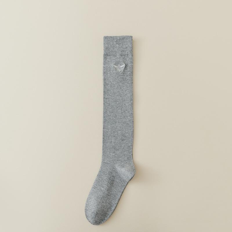 Women Stockings Bee Embroidery Long Socks Solid Color Black White Gray Stockings Knitted Cotton Knee Socks Women Stockings