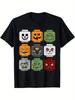 Halloween-Serie, 1 Stück, 100% T-Shirt, Halloween Blockkopf Kürbis Geist Zomb