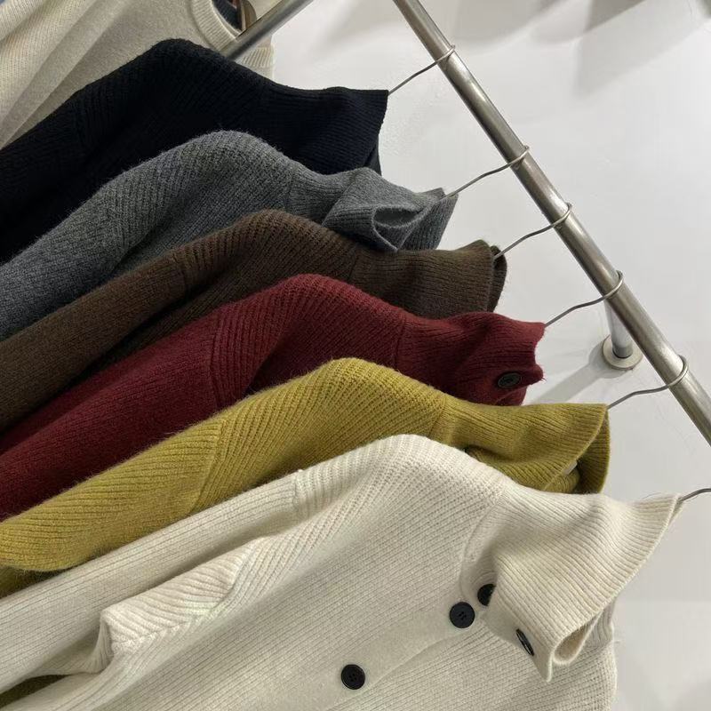 French Vintage Design Style Turtleneck Tops Autumn Casual Loose Single-breasted Clothes Solid Long Sleeve Knitted Sweater Winter