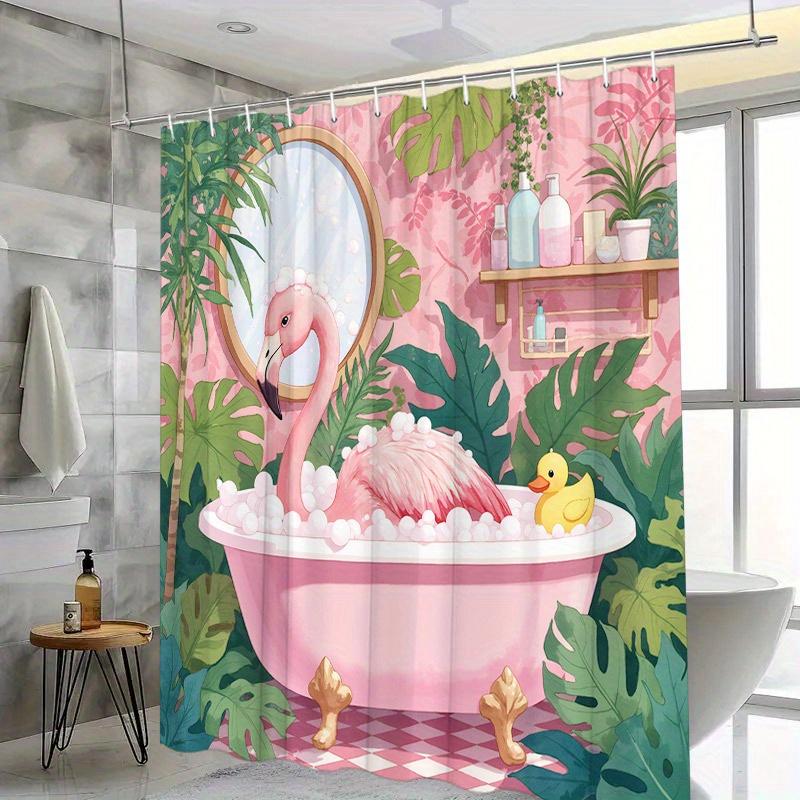 

Pink Flamingo Bathtub Shower Curtain Machine Washable All Season Waterproof Privacy Protection Tropical Design Cute Quick Setup W60H190(CM)-1 Pcs