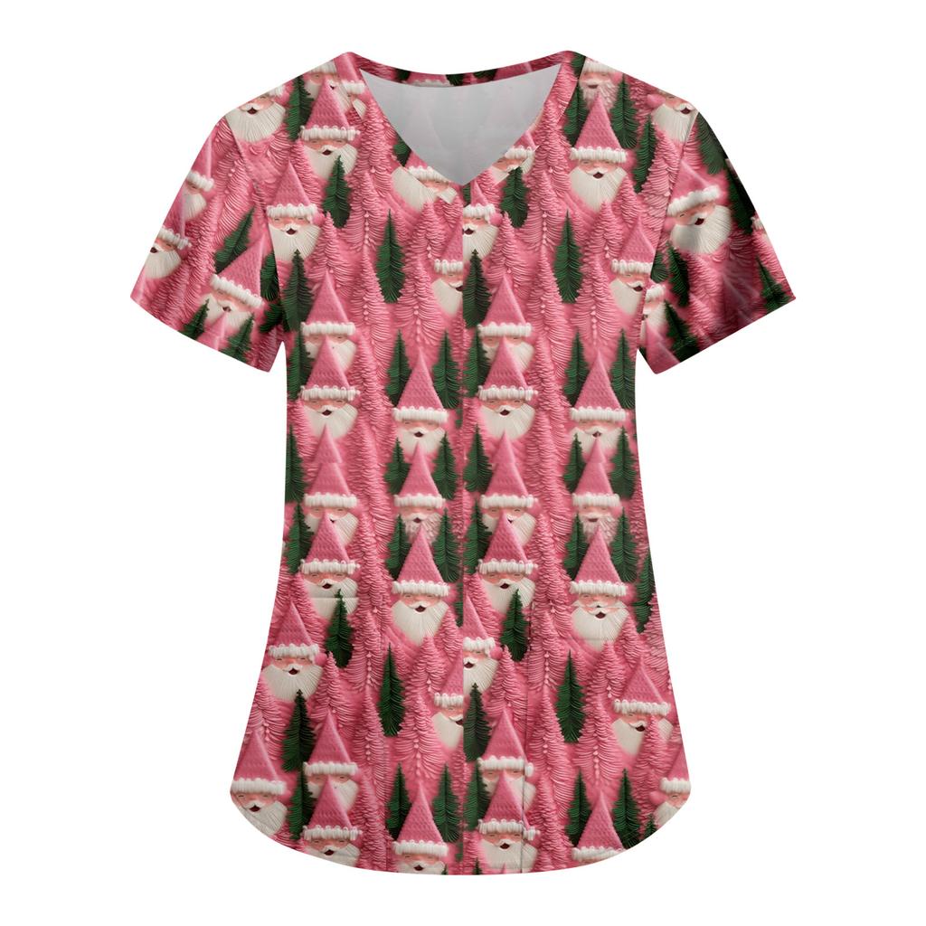 Women's Fashion Casual Christmas Print Pocket T-shirt Top