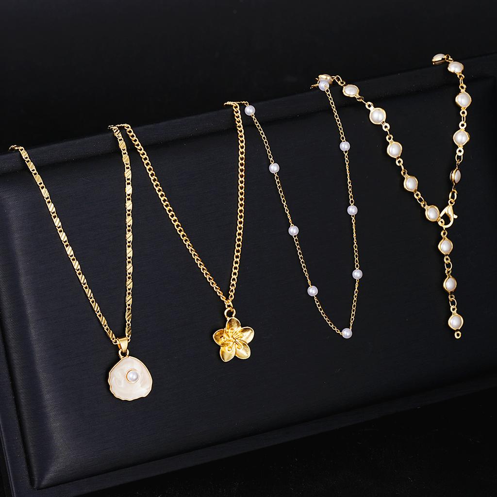 4pcs Vintage Bohemian Metal Shell Pearl Flower Pendant Tassel Necklace Set for Women Daily Wear Beach Vacation Jewelry Gifts New