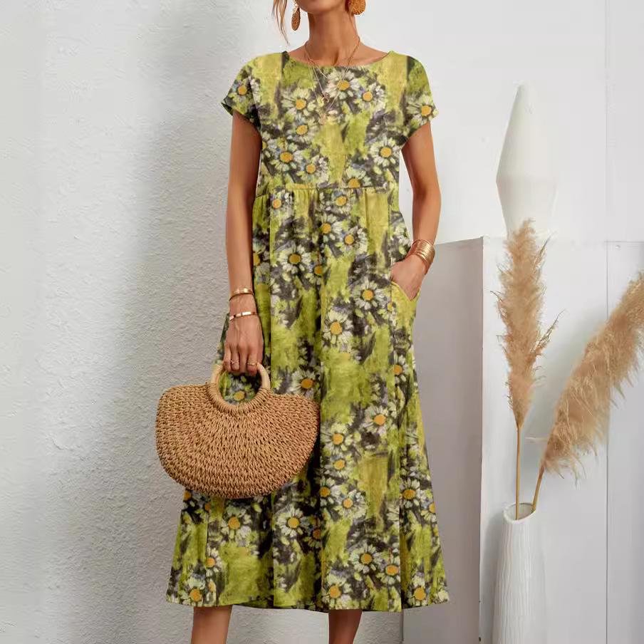 

GMXIA Fashion Women s Loose Cotton and Linen O-Neck Printed Summer Dresses L