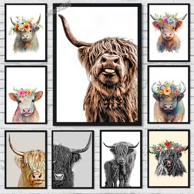 Watercolor Highland Cow Posters Canvas Prints Art Abstract Cute Highland Animal Canvas Painting Wall Art Pictures for Home Decor