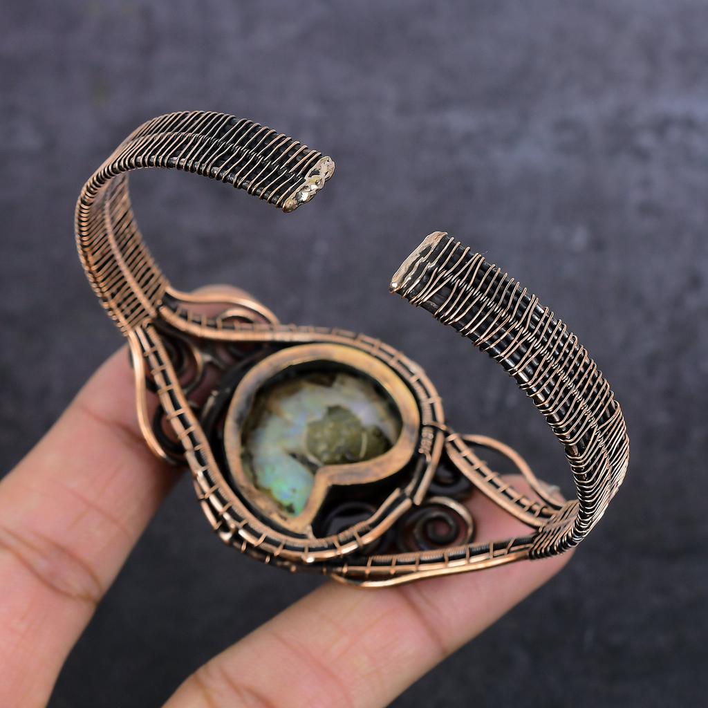 Natural Ammonite Fossil Gemstone Copper Wire Wrap Cuff Bangle Adjustable k7y53