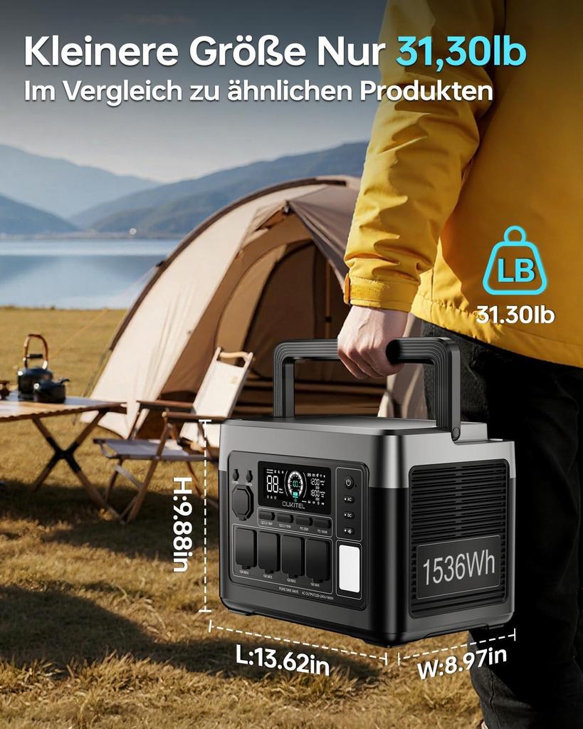 Stazione di alimentazione portatile Oukitel p1500E plus, Potenza nominale 1800W (3600W di Picco), Capacità 1536Wh, Batteria LiFePO4, 4 Prese AC