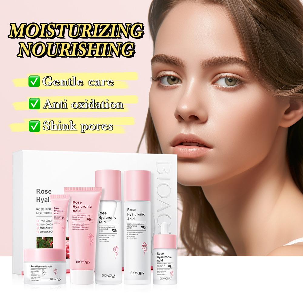 Luxury Rose Essence Anti-aging Skin Care Set Hyaluronic Acid Hydrating Anti-wrinkle and Freckle Six-piece Set