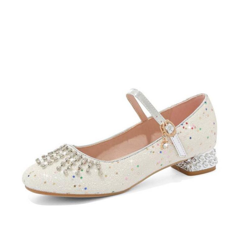 Four seasons wear girls single shoes sweet college buckle beef tendon soft sole older children sequined crystal shoes new children's leather shoes