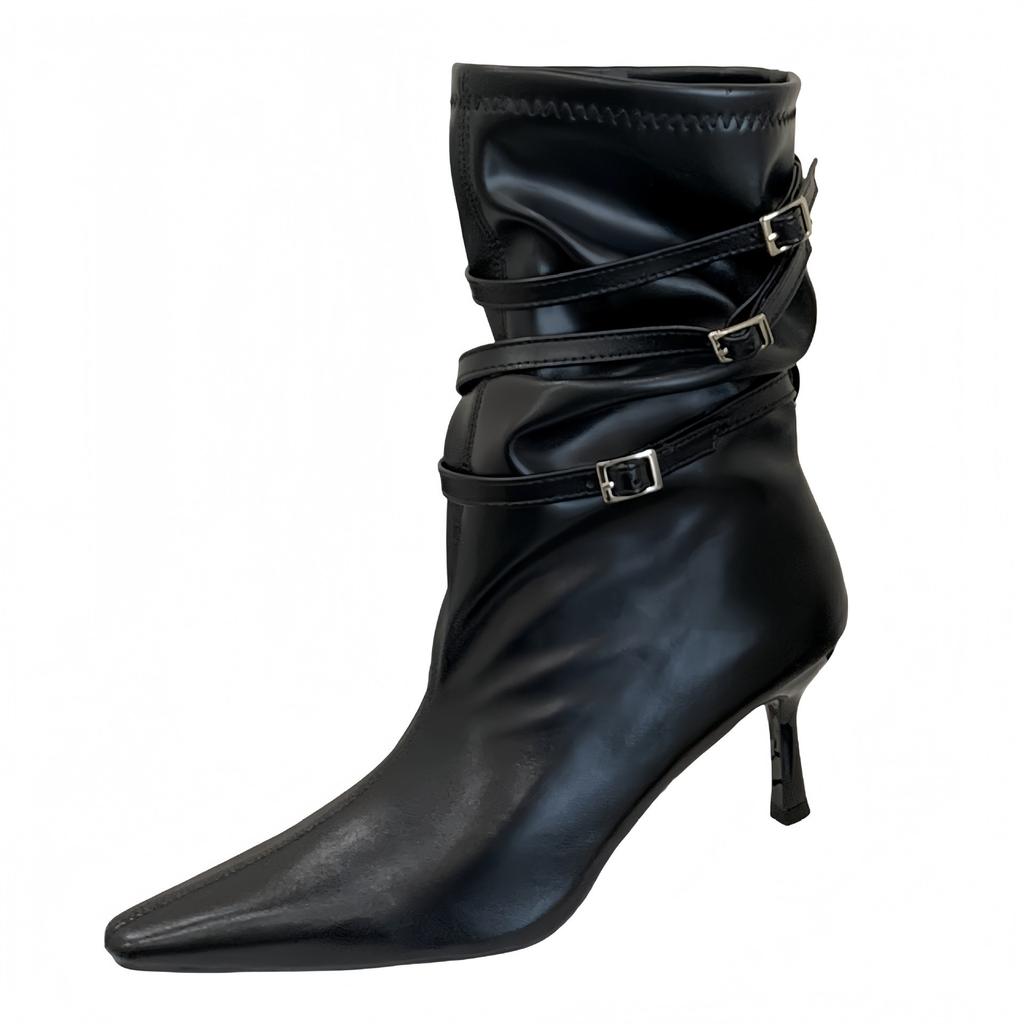 Pile Medium Boots Women's 2025 New European and American Stiletto Belt Buckle Knight Boots Western Cowboy Boots French Short Boots