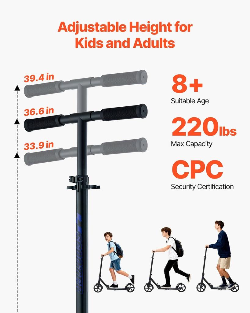 Kick Scooter for Kids Ages 8+, Teens & Adults, 2-Wheel Toddler Scooter with Adjustable Height Handlebar, Wide Anti-Slip Deck, Foldable Lightweight for