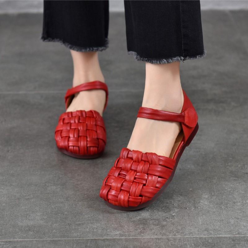Johnature Versatile Women's Shoes Casual Genuine Leather Hand Woven Round Toe Flat Sandals