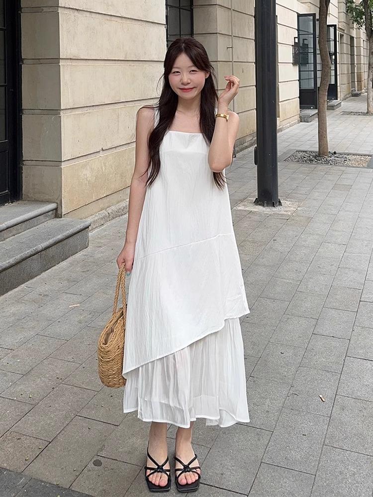 White Vest Skirt Women's Summer 2026 New French Loose Design Medium and Long Irregular Suspender Dress