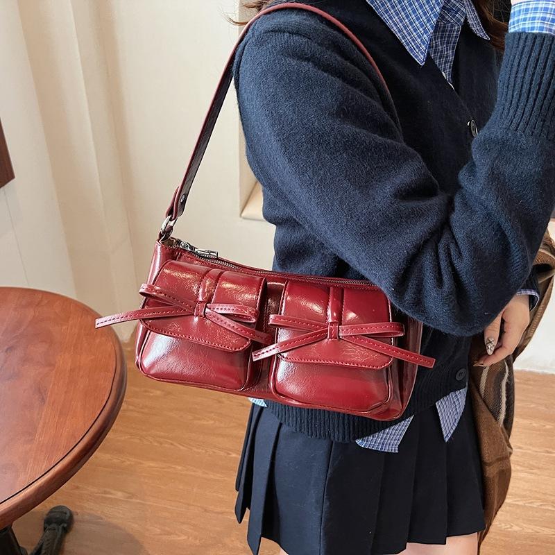 

2025 зима новая высококлассная сумка-багет с бантом из искусственной кожи, универсальная сумка-тоут, сумка-мессенджер на одно плечо, женская сумка, тренд 28*14*14 бордовый
