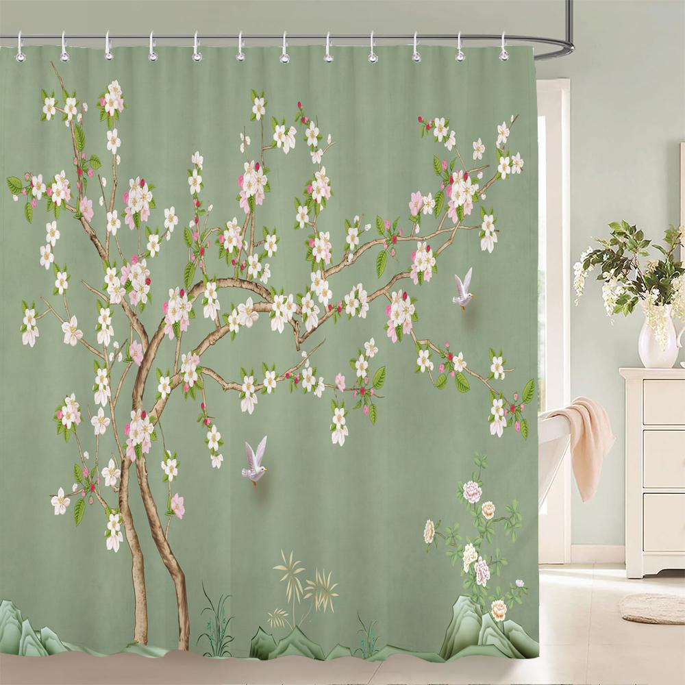 Shower Curtain Chinese Style Flower and Bird Waterproof Bathroom Curtain landscape Partition Curtain Bath Curtains With Hooks