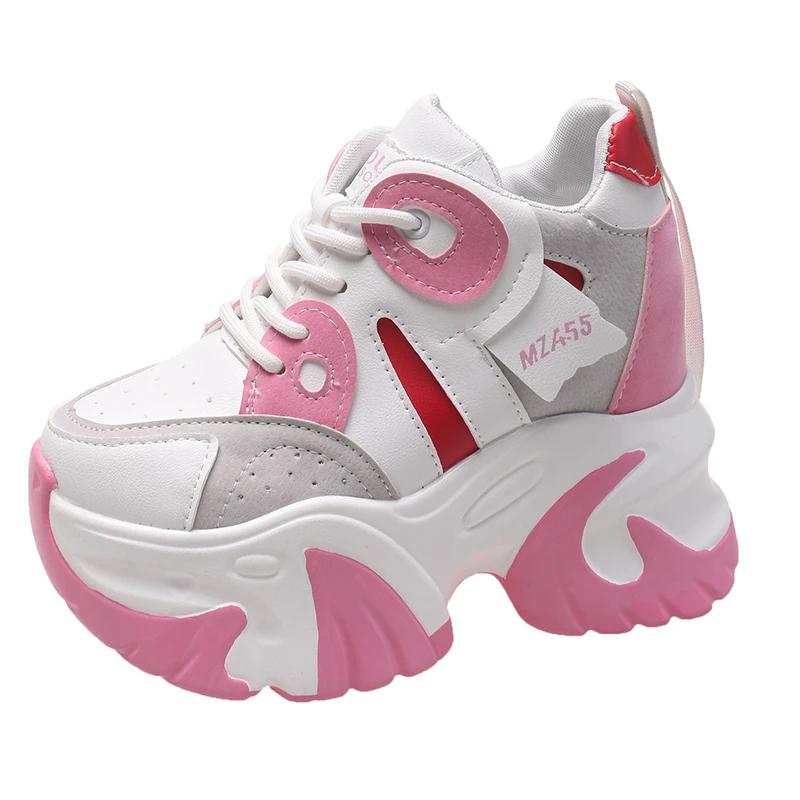 Fashion Women Walking Sneakers 2024 Autumn Lace-up High Platform Chunky Shoes Breathable Leather Shoes 10.5CM Wedge Heels Casual Shoes