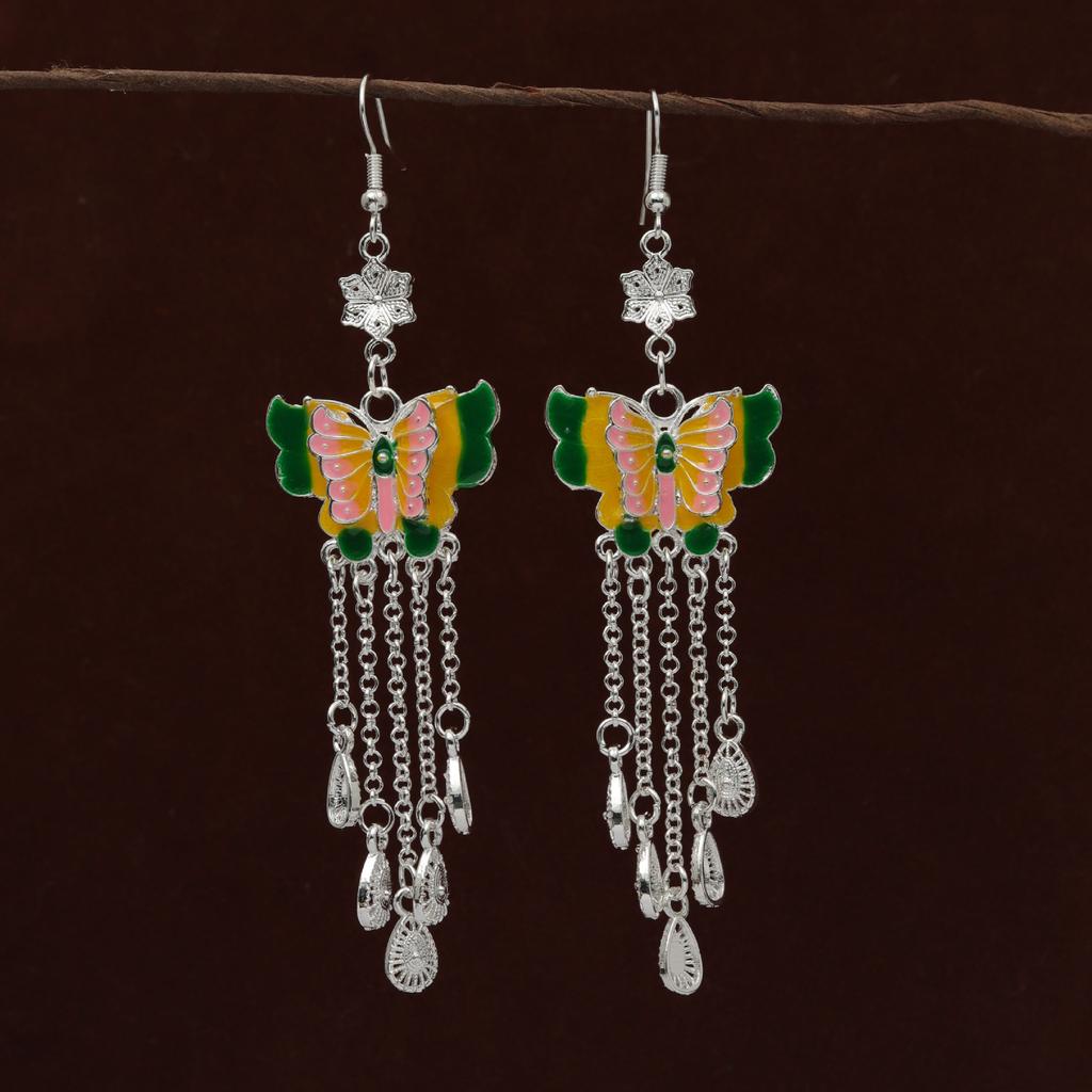 Bohemian Long Fringed Water Drop Earrings Retro Ethnic Style Earrings Women'S Colorful Butterfly Necklace Women'S