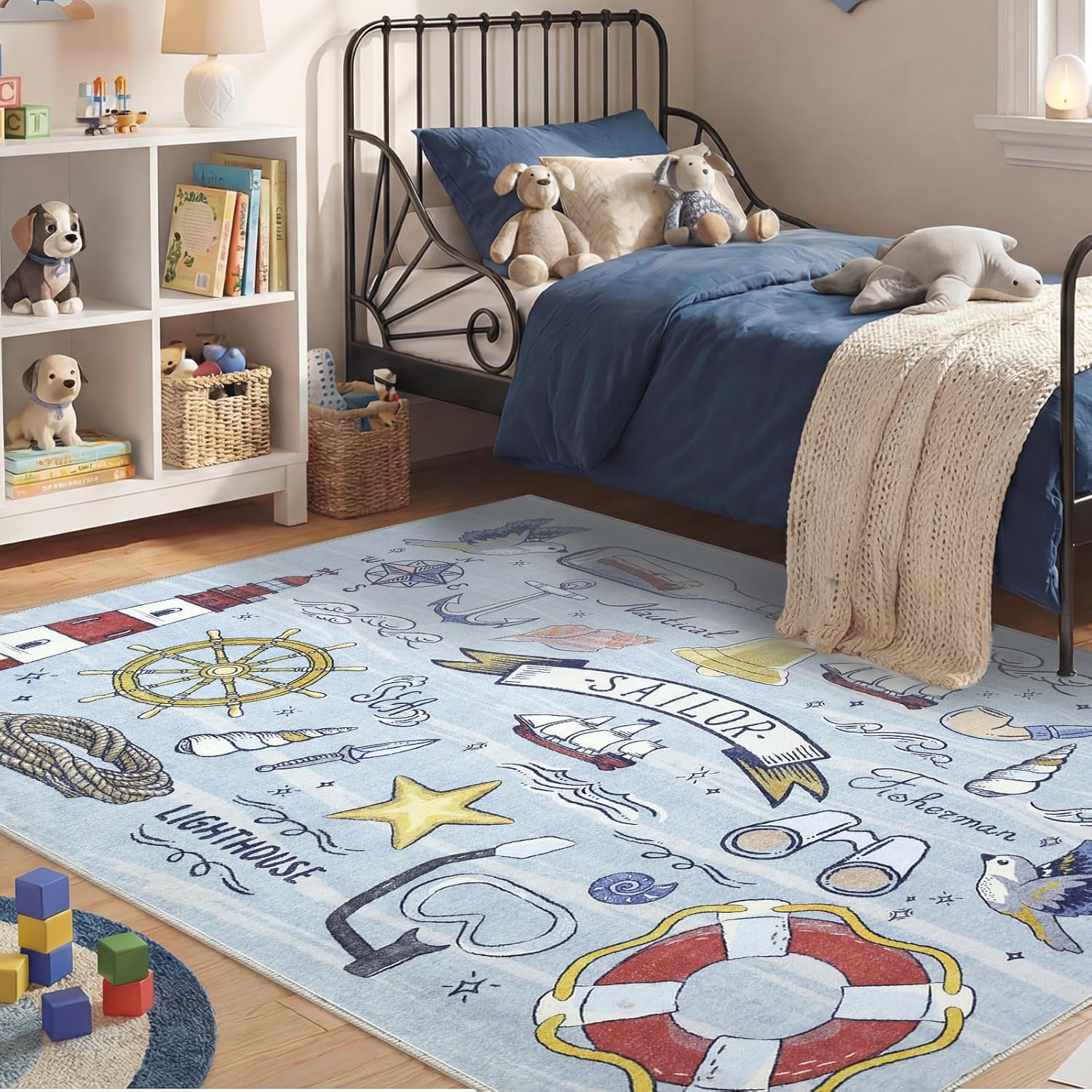 Nautical Adventure Rug Light Blue with Anchors Ships Wheels Lifebuoys and Sailor Text Art 50x80cm 20x31 inch