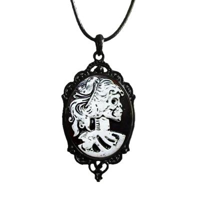 Gothic Skull Cameo Pendant Necklace Accessory Featuring Black Frame And Vintage Style For Unique Fashion Enthusiasts