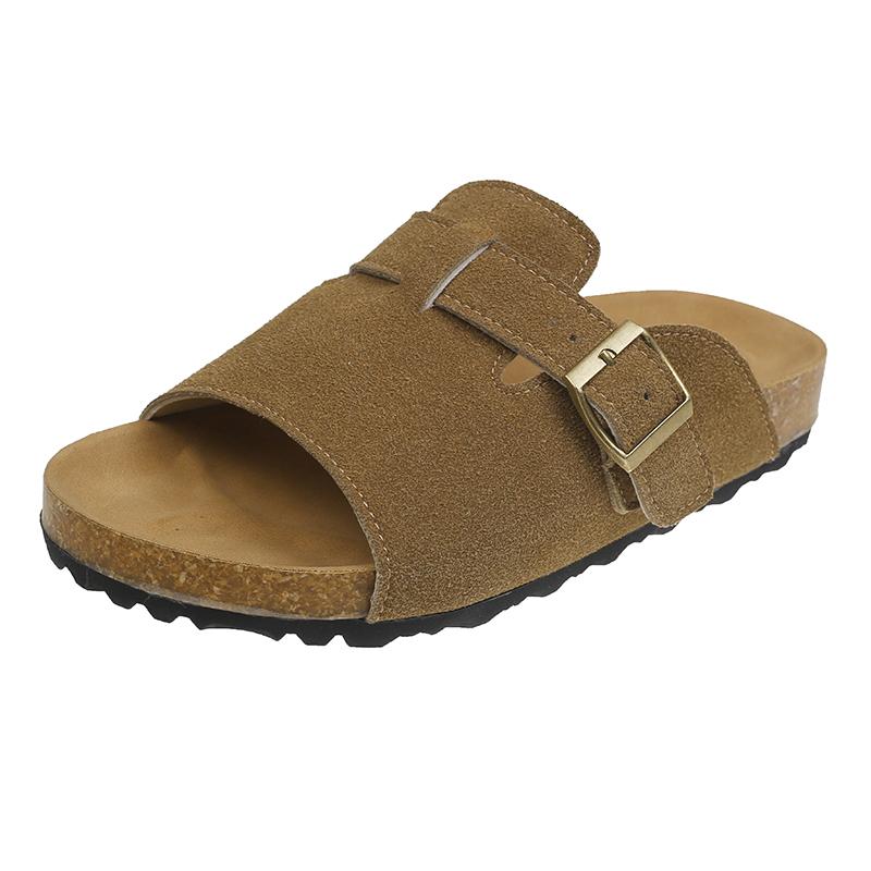 

Летние Новые Сандалии Женские Круглый Носок Открытый Носок Замша Металлическая Пряжка Противоскользящие Износостойкие Шлепанцы на Плоской Подошве 40