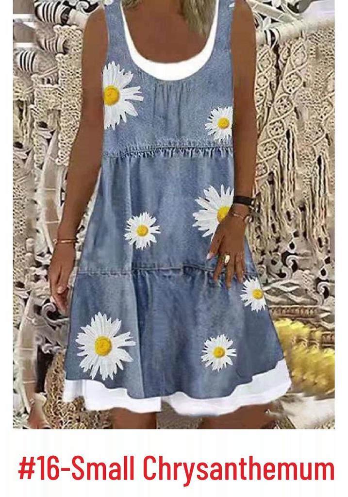 Women's Loose-Fit Digital Print Faux Denim Two-Piece Dress