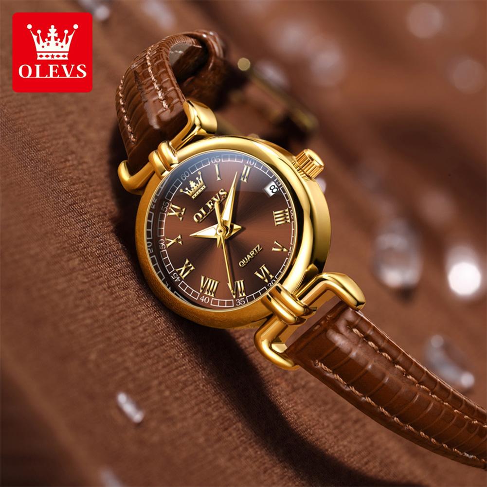 OLEVS Luxury Original Woman Round Watch Brown Small Leather Strap 3ATM Waterproof Date Elegant Quartz Ladies Wristwatch