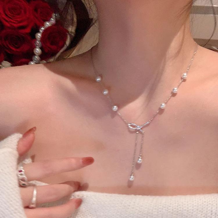 Romantic Love Letter!! Bow Pearl Tassel Necklace Women's Light Luxury Niche Necklace Design Sense High-end Collarbone Chain