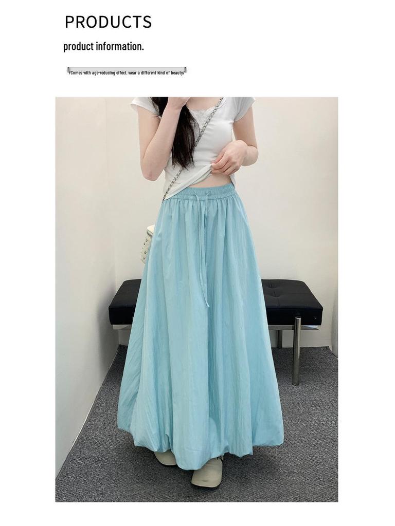 Damskirt med hög midja, elastisk, drapering och lykta, koreansk stil - Vår/Sommar