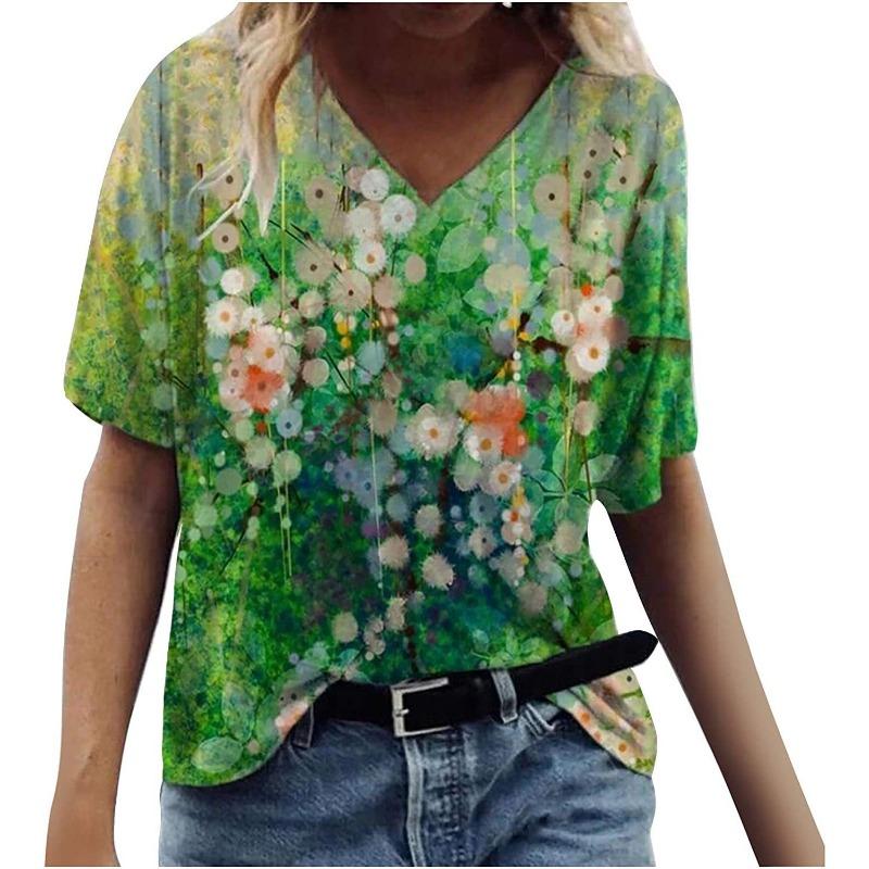 Sommer Graffiti Blume 3D-gedrucktes Kurzarm Damen V-Ausschnitt Buntes Lässiges Vielseitiges T-Shirt