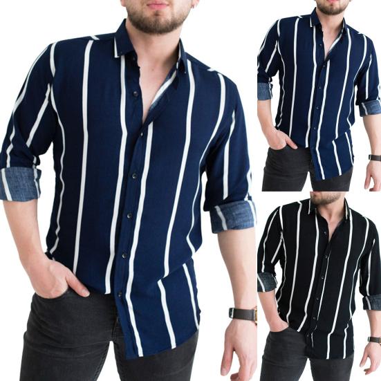 Striped Print Men Shirt Turn-down Collar Top Long Sleeve Buttons Closure Business Shirt Male Clothing
