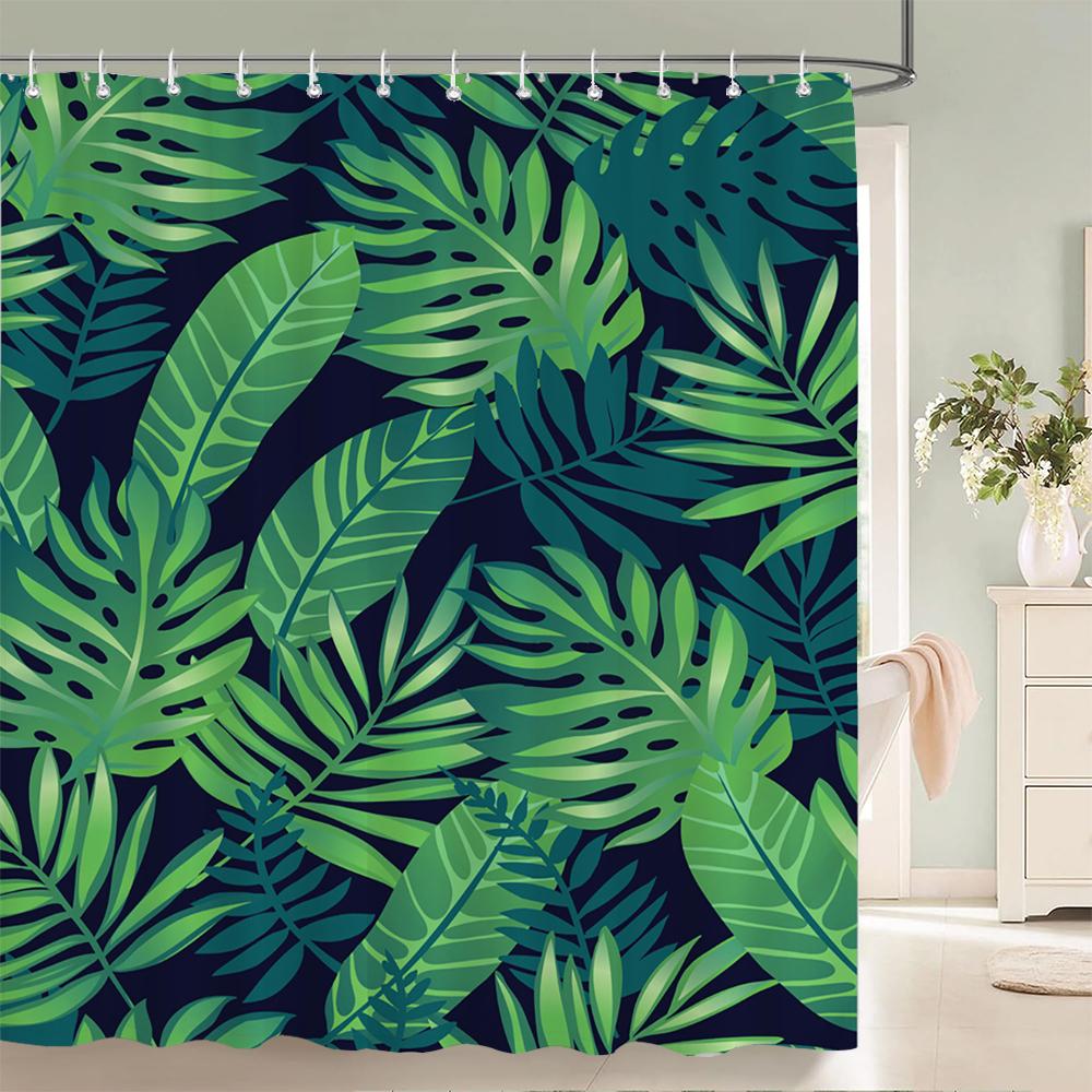 1 pack of Green leaf plant pattern polyester shower curtain bathroom partition curtain with hooks home decorative curtain