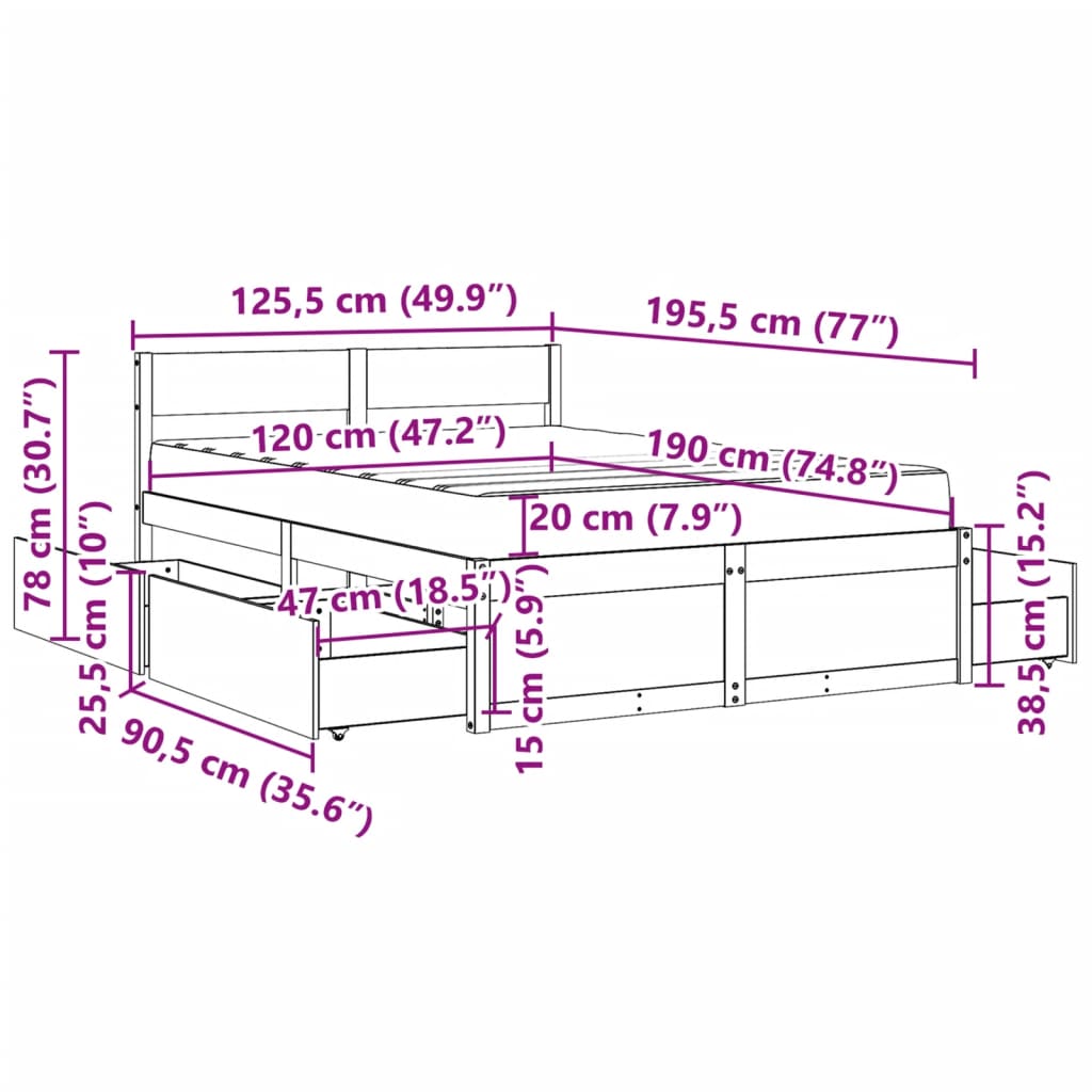 Bed with Drawers and Mattress White 120x190 Cm Solid Wood