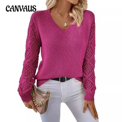 Autumn Women's Plus Size Mesh Sleeve Solid Color V-Neck Knit Pullover Sweater