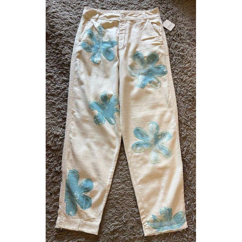 

FP ~ in Stock Super Nice Embroidered Flower Fresh Blue and White Color Matching Four Seasons Evergreen Casual Cotton Trousers Beige/Blue print 14 yards