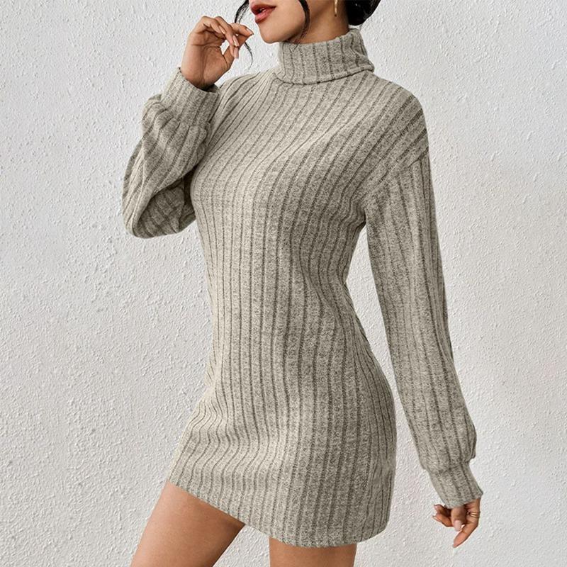 Women Autumn Winter Turtleneck Long Sleeve Dress Knee Length Top